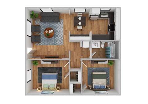 A top down view of a small apartment with a living room, kitchen, and two bedrooms.